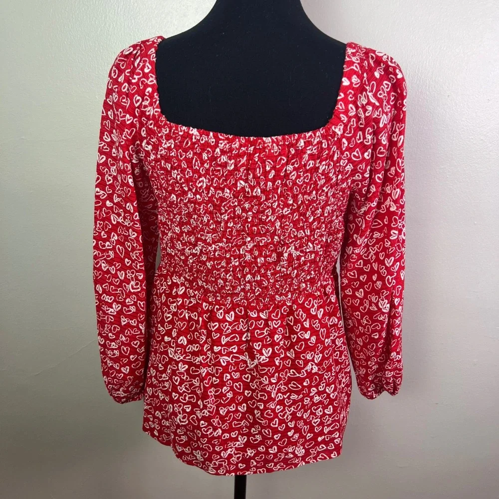 LOFT Petites Red White Heart Print Smocked Square Neck Long Sleeve Top Size 6P - Picture 3 of 10